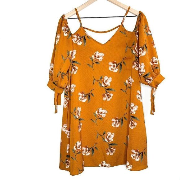 2/$30 Soprano Orange Cold Shoulder Floral Print Boho Tunic Mini Dress Small - Picture 1 of 11